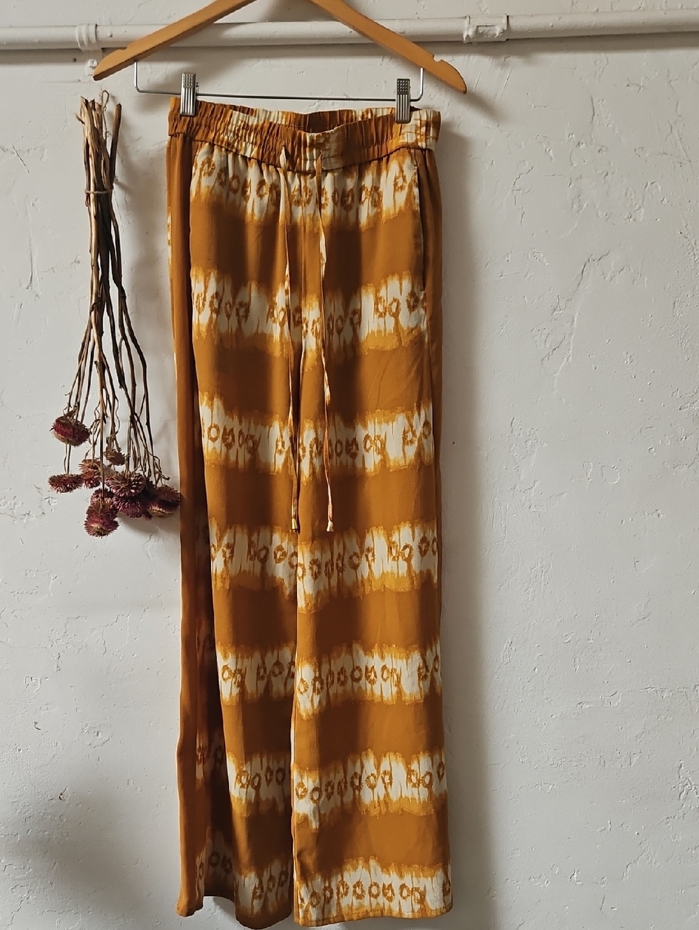 Tie-Dye Wide Leg Drawstring Pants - Mustard & Cream